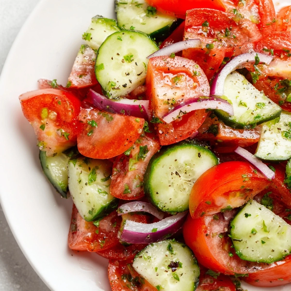 Refreshing bowl of ripe tomatoes crisp cucumbers and red onion slices dressed with olive oil