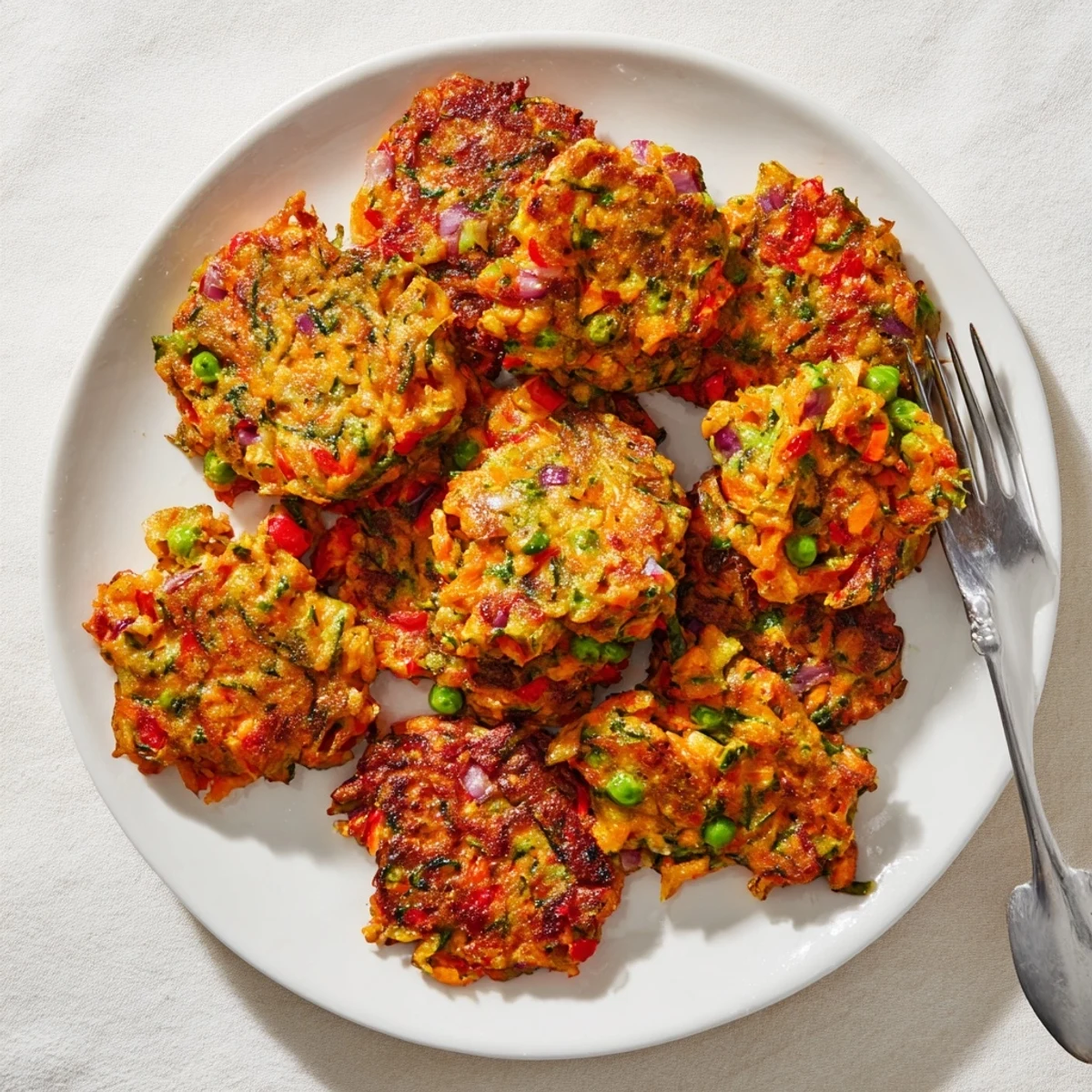Golden brown crispy vegetable fritters served on a white plate with fresh herbs