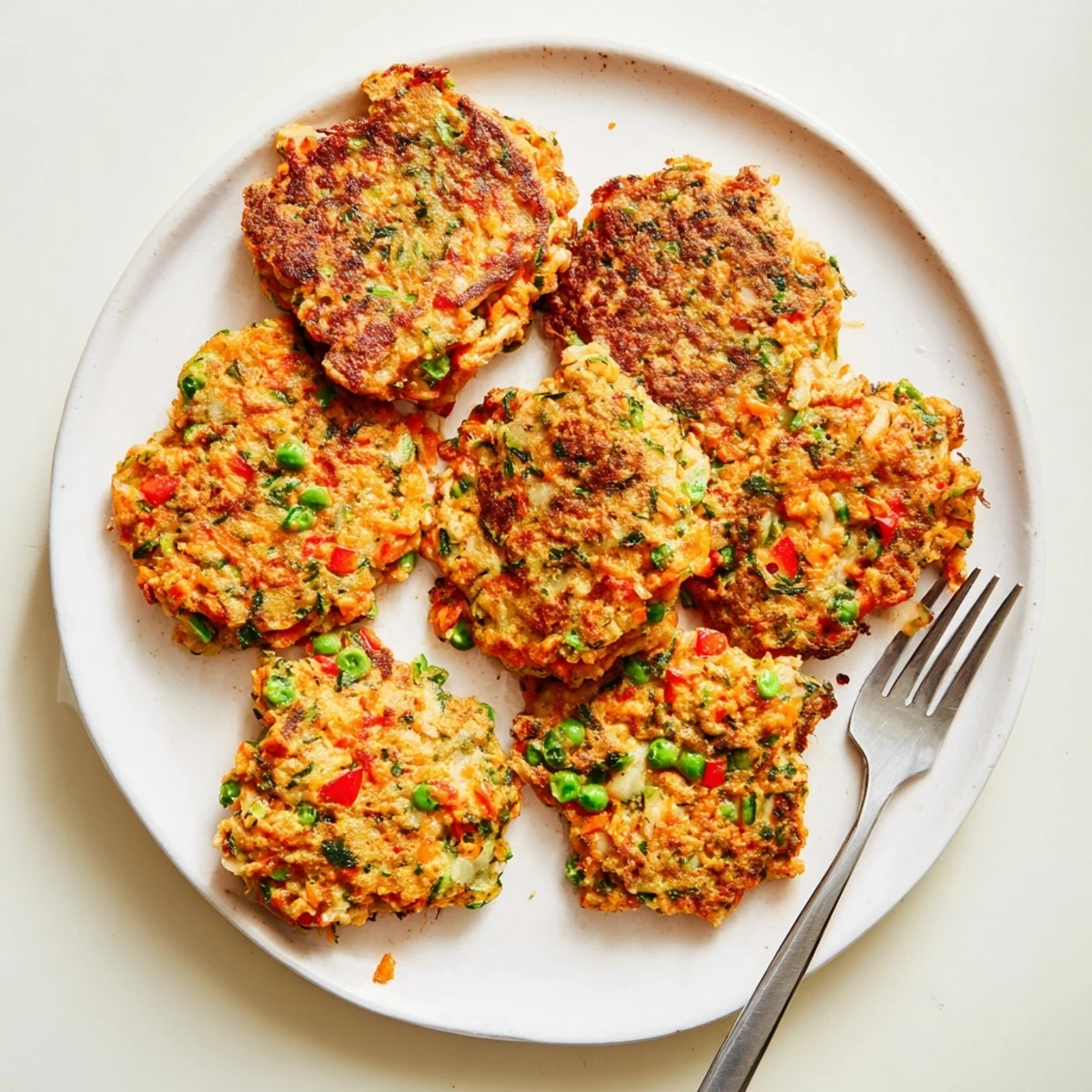 Pan-fried vegetable fritters with a crunchy texture and colorful vegetable pieces visible