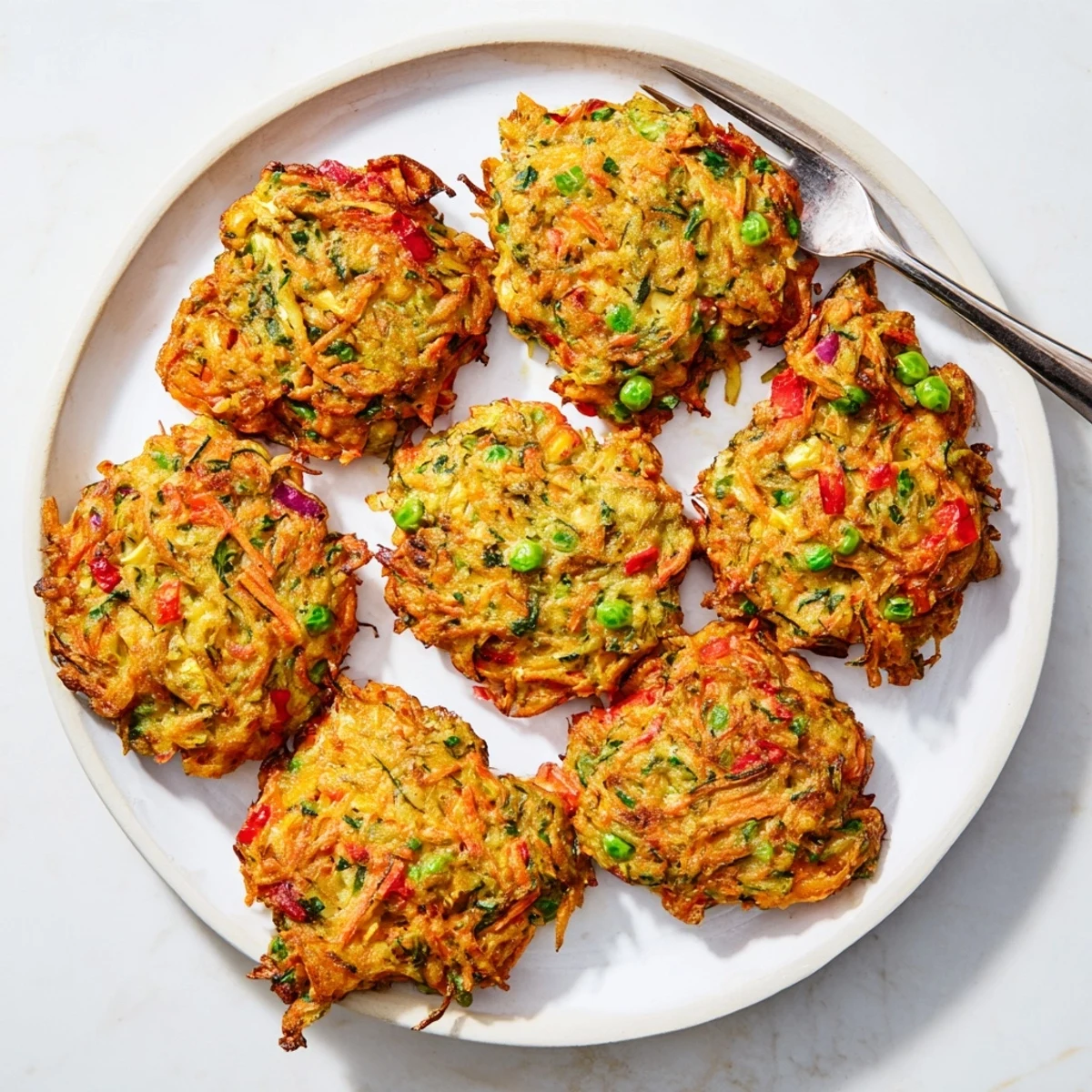 Stack of homemade crispy vegetable fritters garnished with parsley and ready for dipping