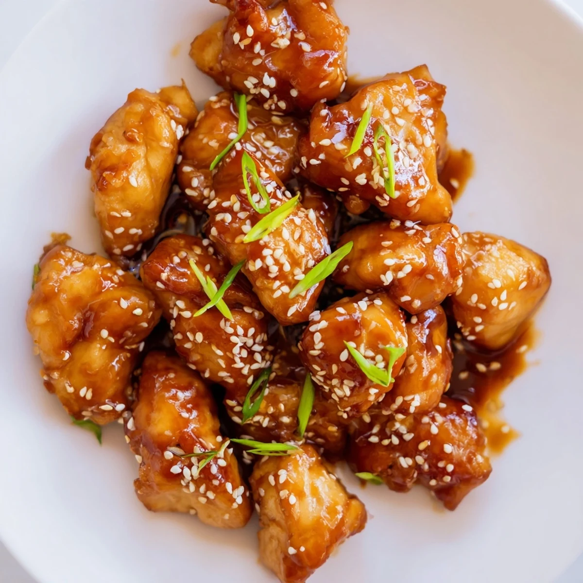Golden honey chicken pieces glazed in a sticky sweet sauce garnished with sesame seeds