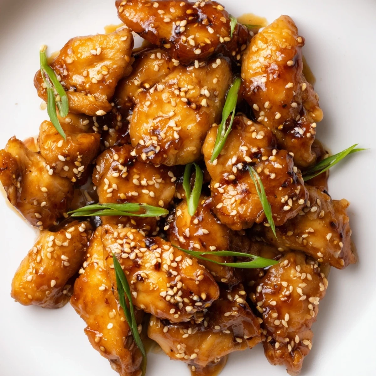 Asian-inspired honey chicken with crispy edges dripping with savory honey glaze and green onions