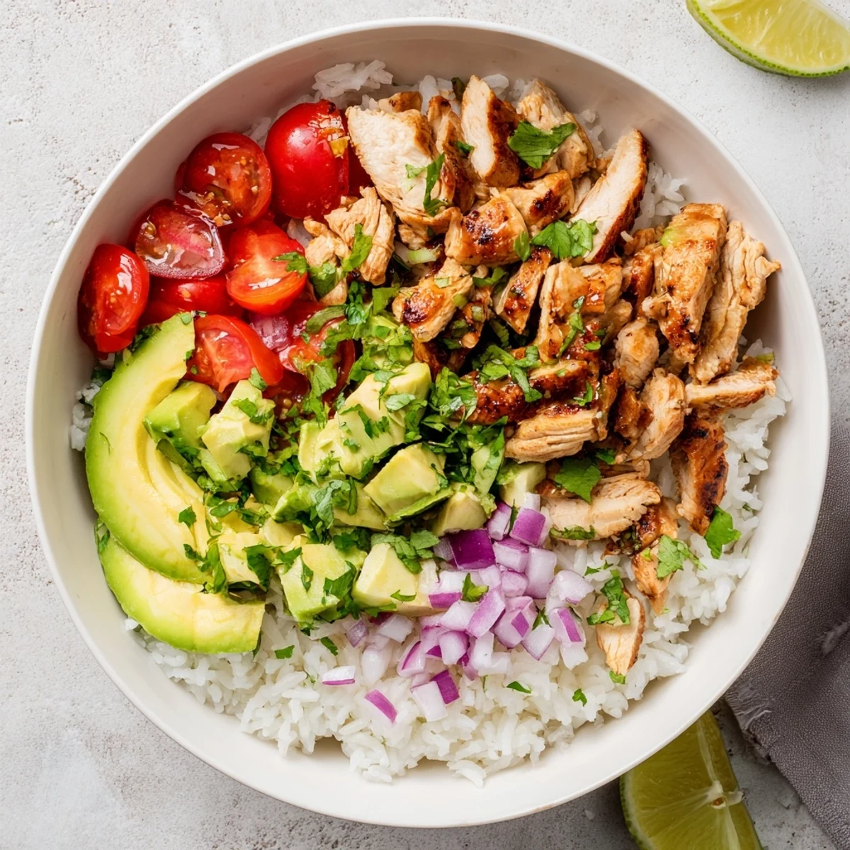 Golden glazed honey lime chicken slices arranged over fluffy white rice with creamy diced avocado and fresh cilantro garnish