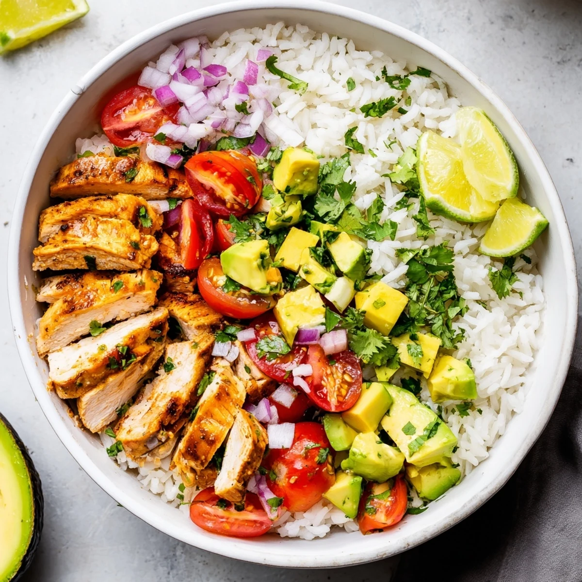 Sliced honey lime chicken breast served on steaming rice with vibrant avocado cilantro and lime wedge garnish