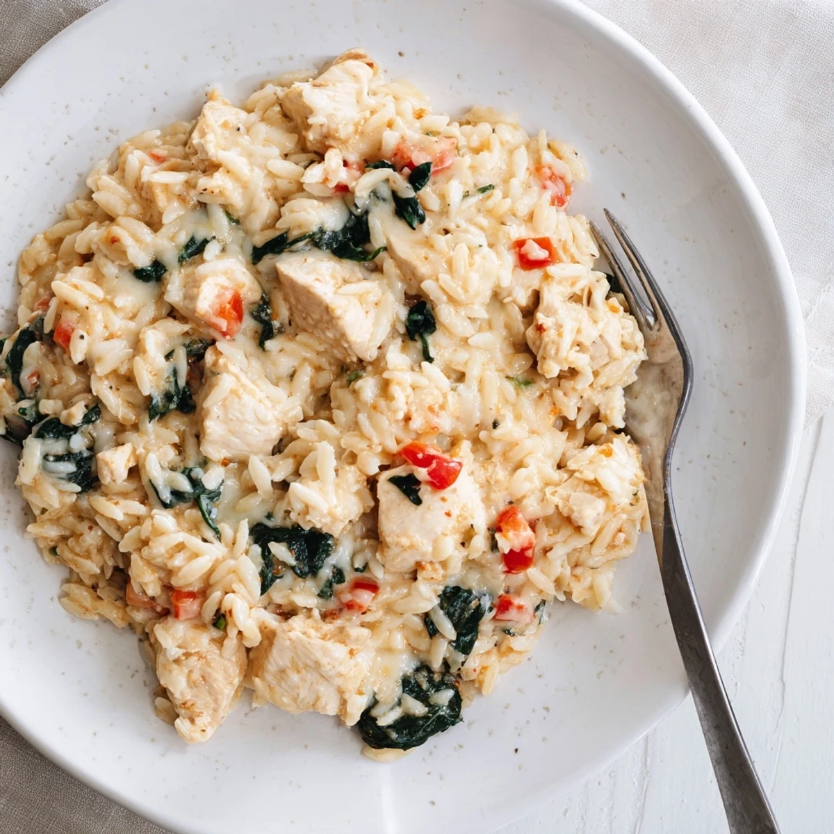 Creamy cheesy chicken risoni skillet with melted mozzarella and tender pasta pieces