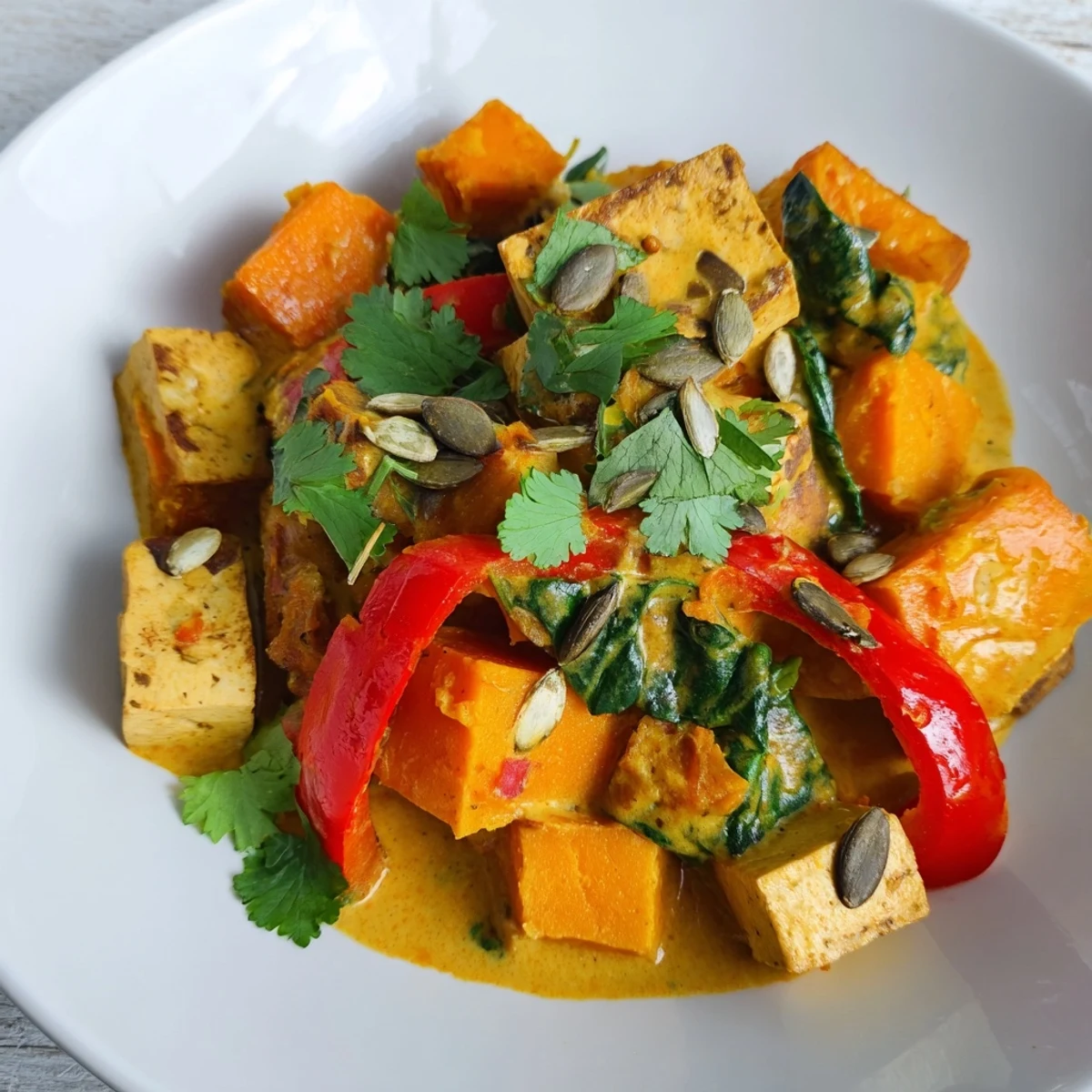 Golden vegetarian pumpkin tofu curry in creamy coconut sauce served with fluffy white rice