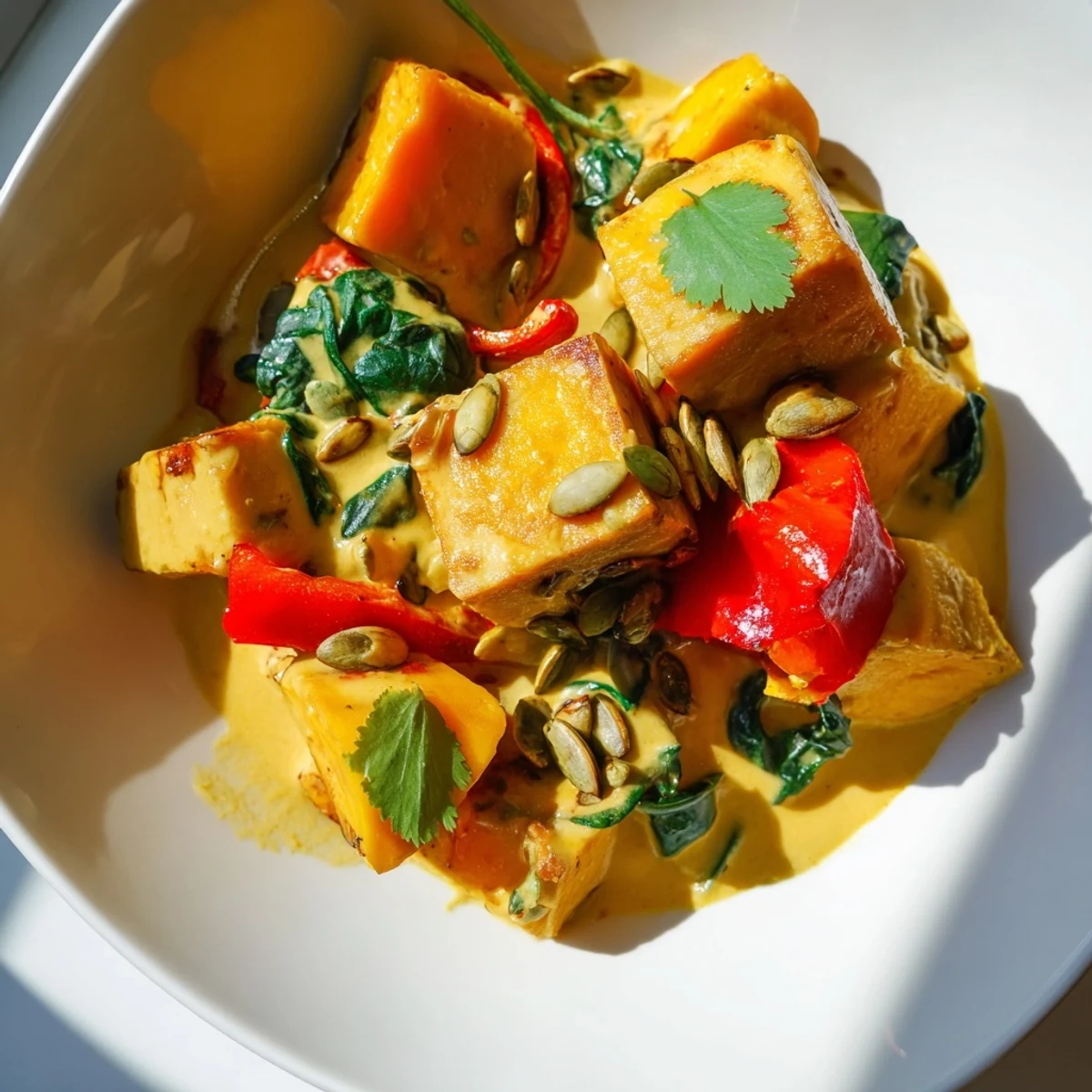 Hearty bowl of vegetarian pumpkin tofu curry garnished with fresh cilantro and pumpkin seeds