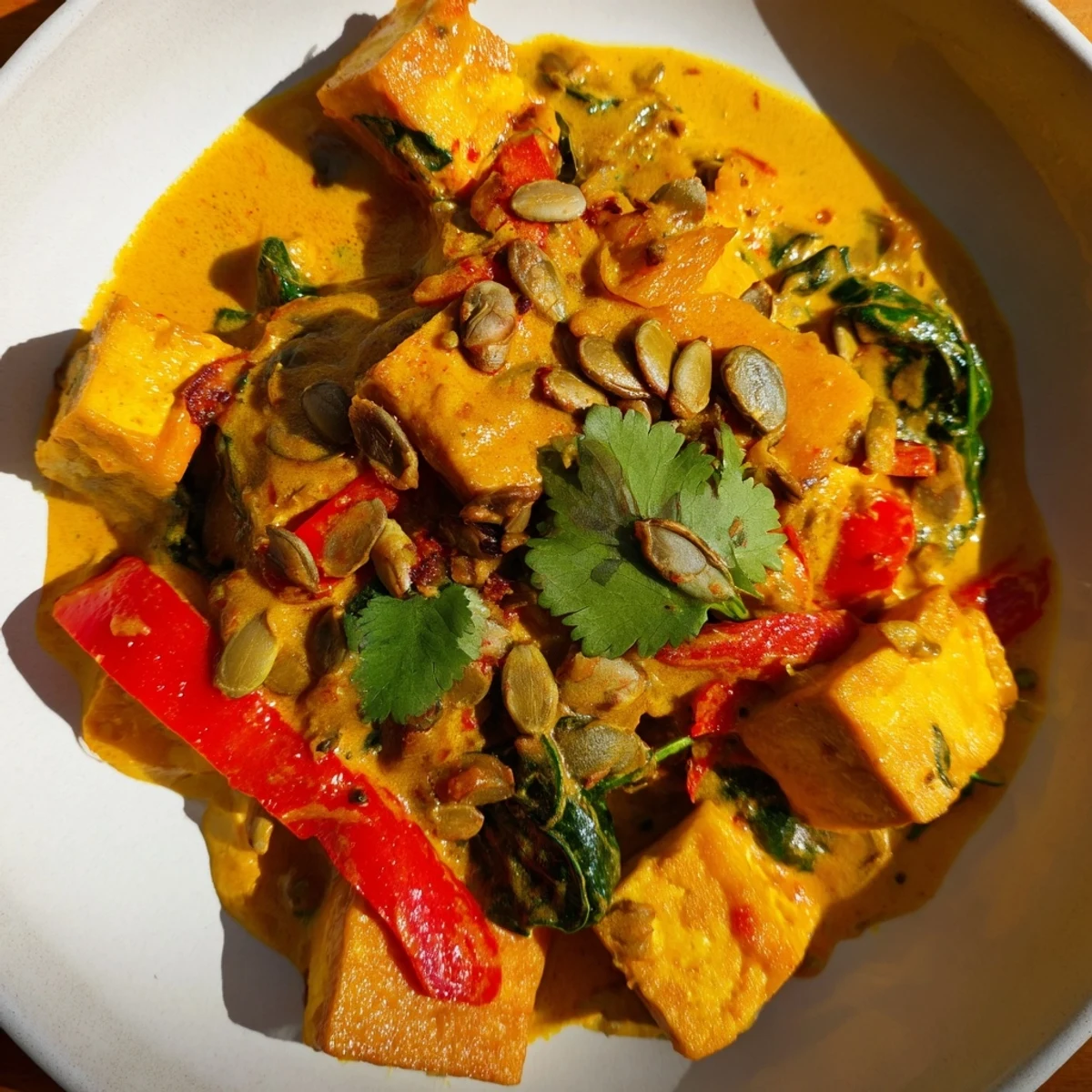 Crispy tofu cubes and tender pumpkin chunks swimming in fragrant golden coconut curry sauce
