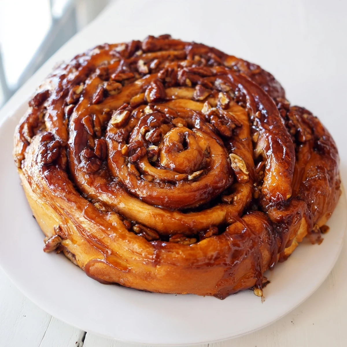 Golden Vietnamese cinnamon date sticky buns drizzled with warm caramel glaze on a white plate