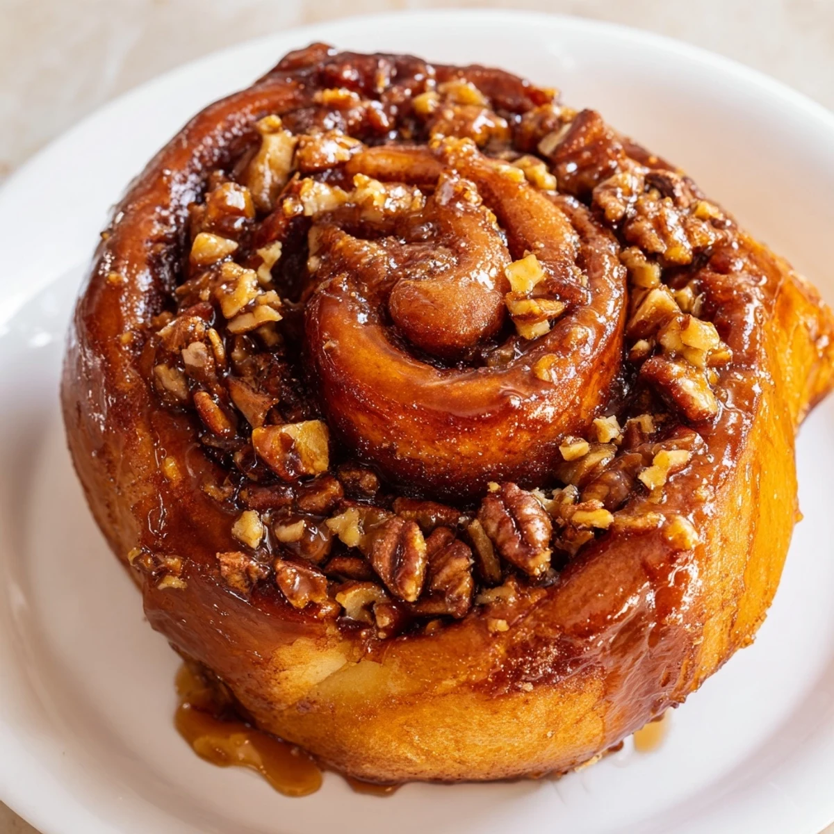 Freshly baked Vietnamese cinnamon date sticky buns with glistening sticky topping and chopped pecans