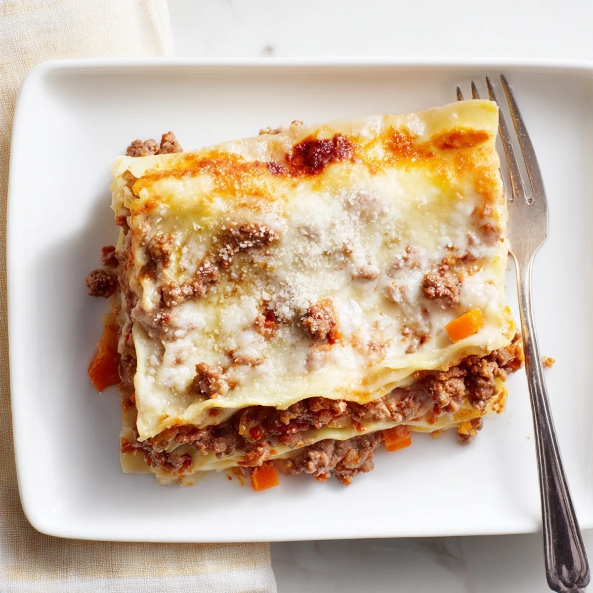 Square slice of classic beef lasagne showing distinct layers of ragù, creamy béchamel, and melted cheese on a white plate