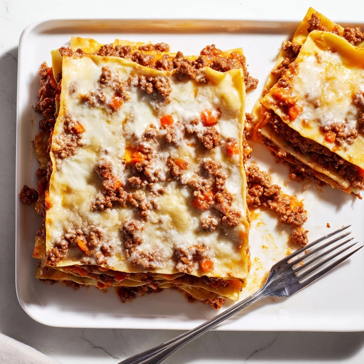 Freshly baked classic beef lasagne straight from the oven with steam rising and golden cheesy top garnished with basil