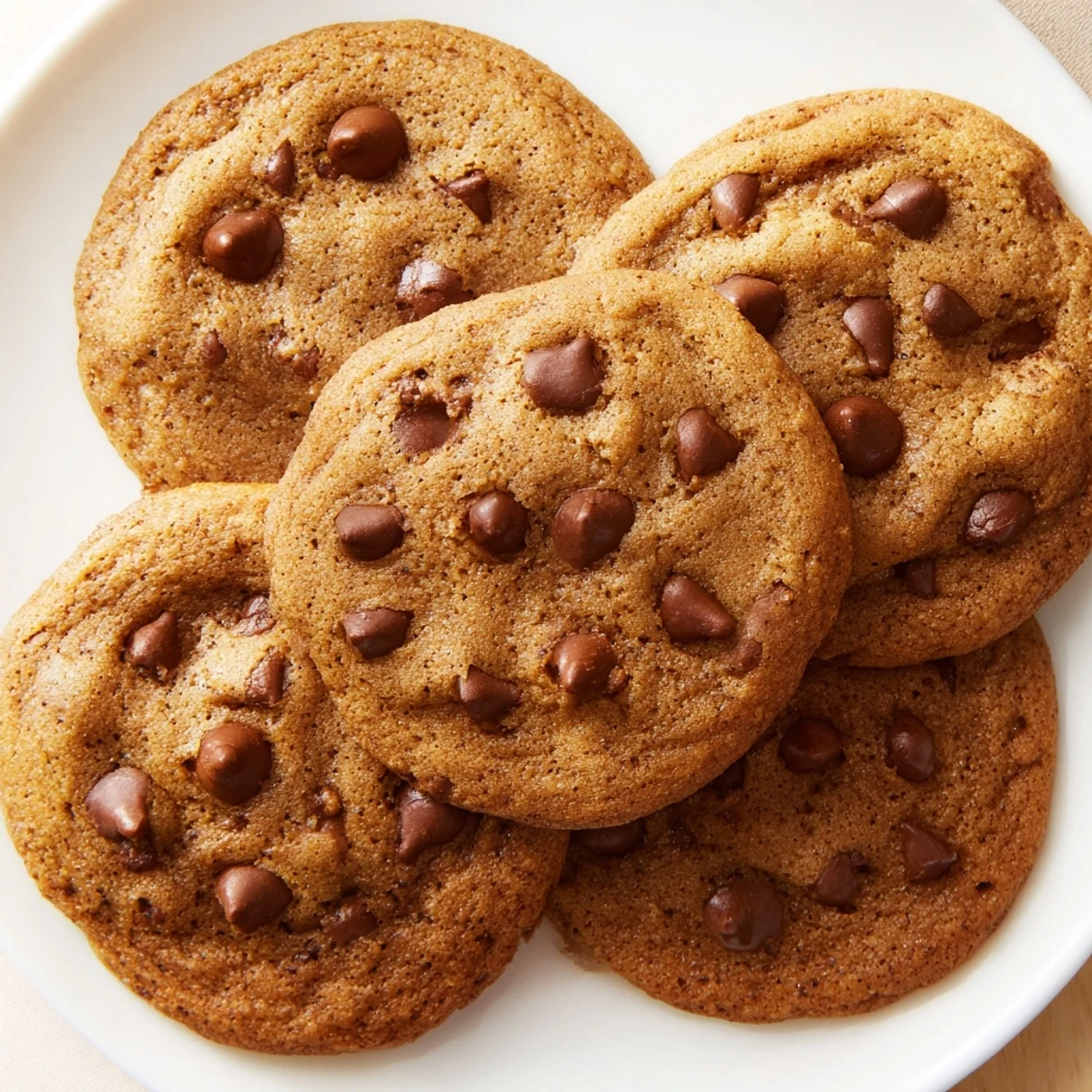 Golden pumpkin spice chocolate chip cookies fresh from the oven with melty chocolate chips