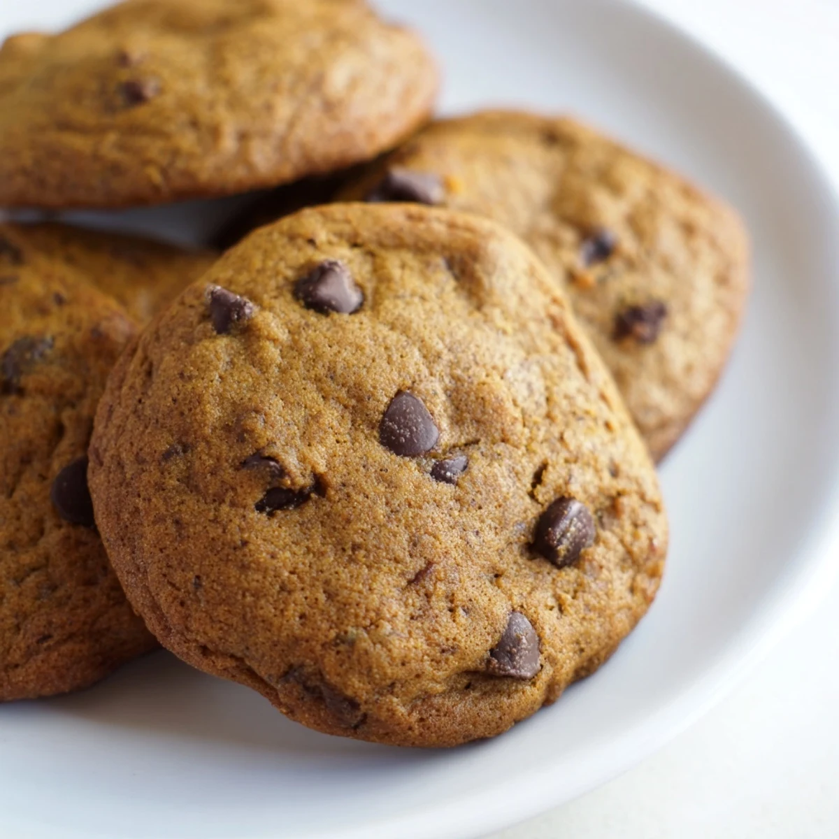 Soft pumpkin spice chocolate chip cookies on a wooden board topped with sea salt