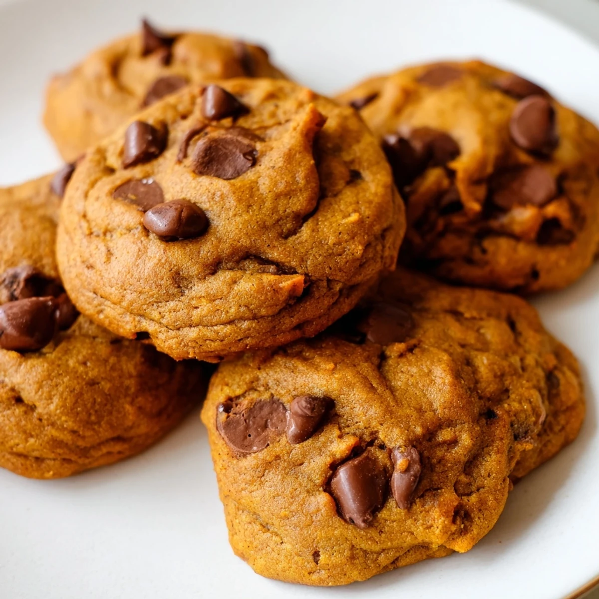 Plate of chewy pumpkin spice chocolate chip cookies stacked high for fall dessert serving