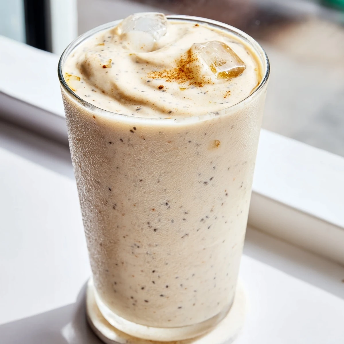 Creamy Greek yogurt banana smoothie topped with fresh banana slices in a clear glass