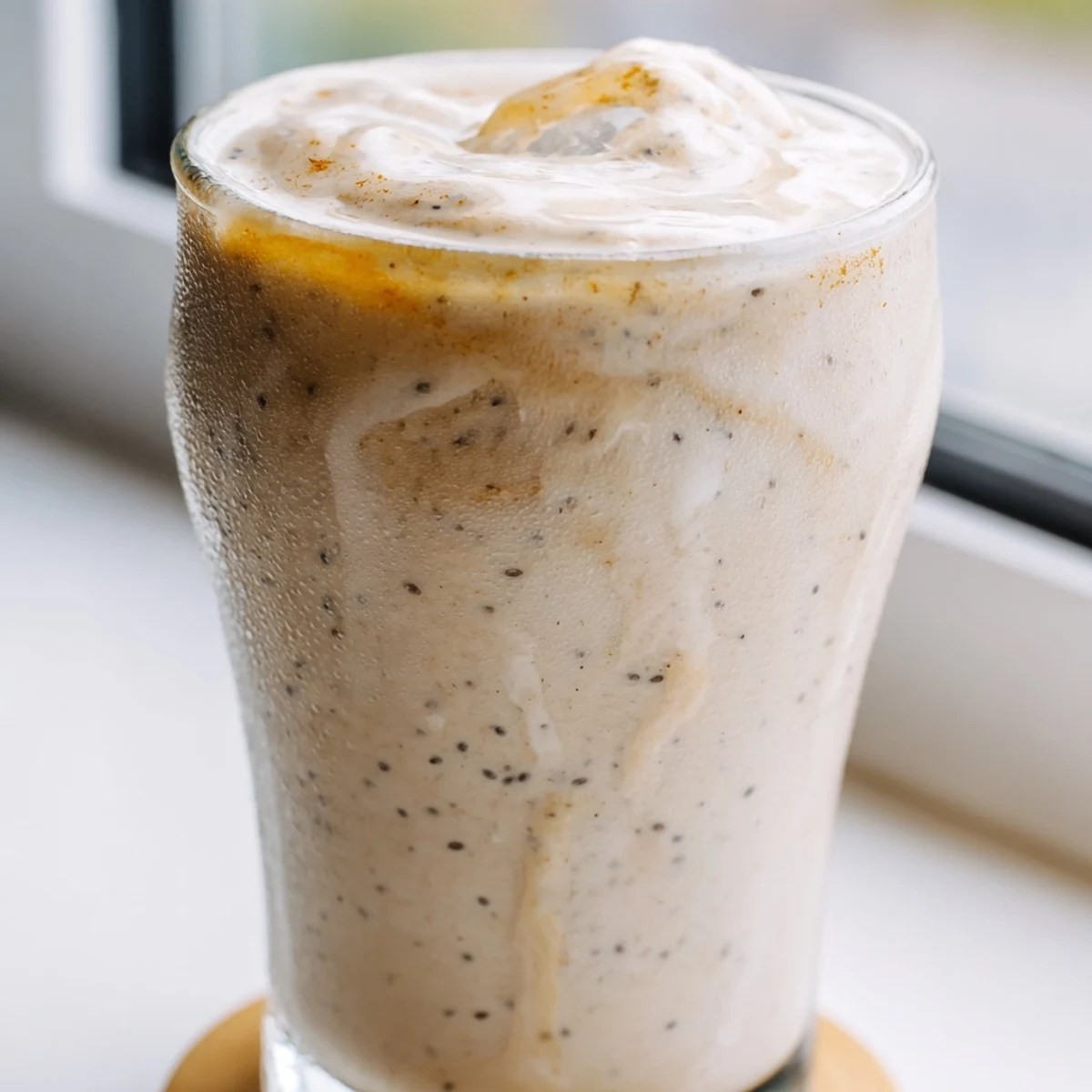Thick blended Greek yogurt banana smoothie with ice floating on top in a tall glass