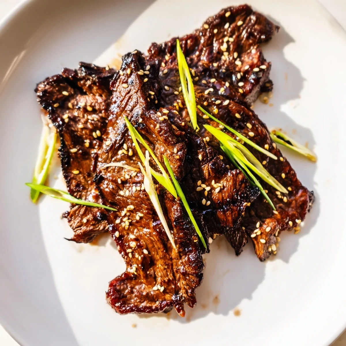 Sizzling Korean galbi ribs fresh off the grill with scallions and steamed rice on the side