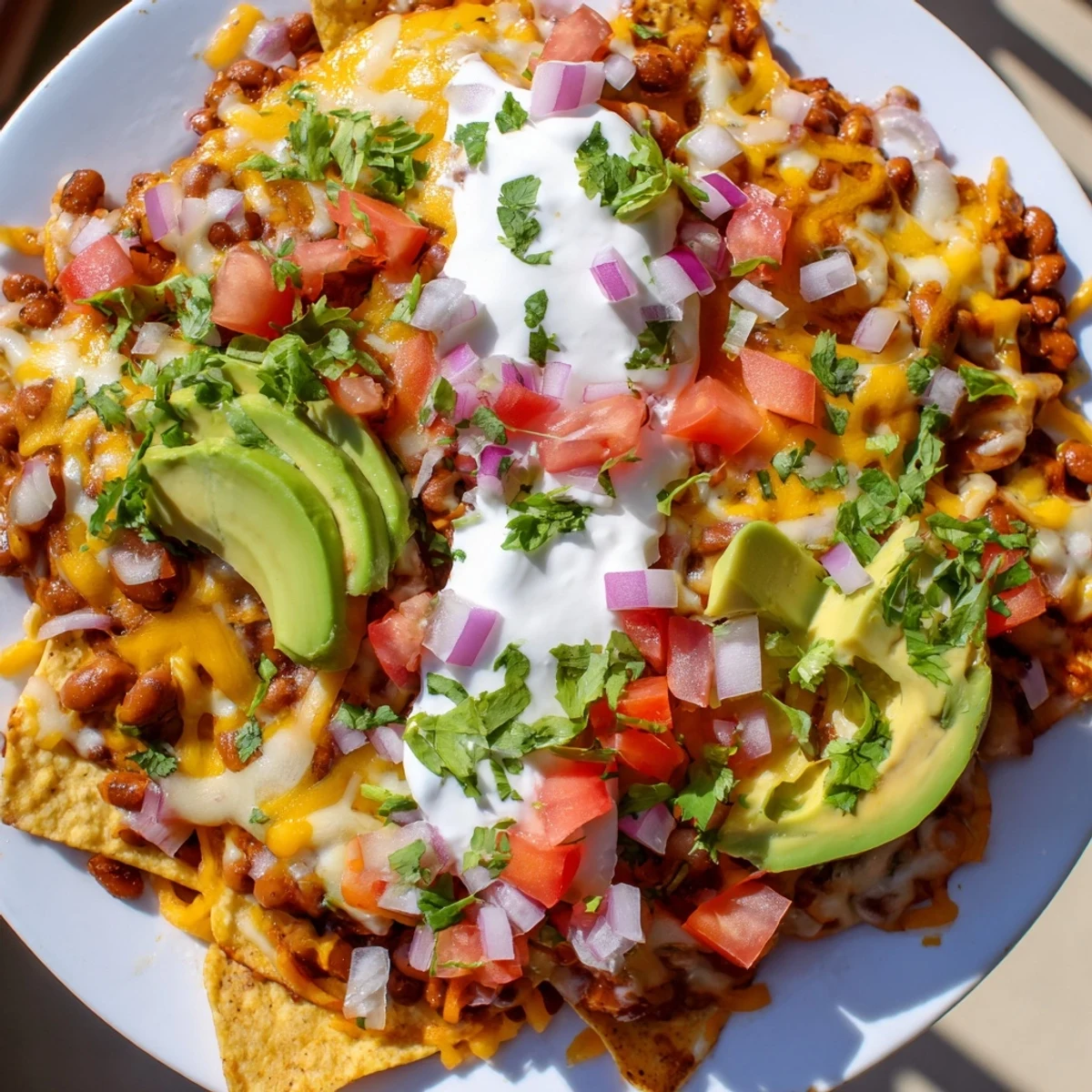 Golden baked bean nachos piled on crispy chips with melted cheddar, Monterey Jack, and fresh colorful toppings