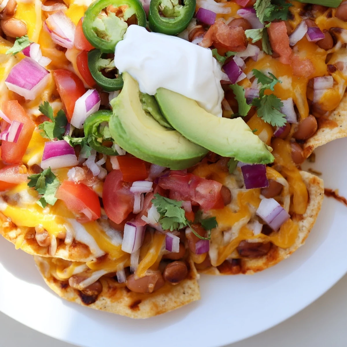 Hearty baked bean nachos bubbling with melted cheese garnished with diced tomatoes avocado and cilantro