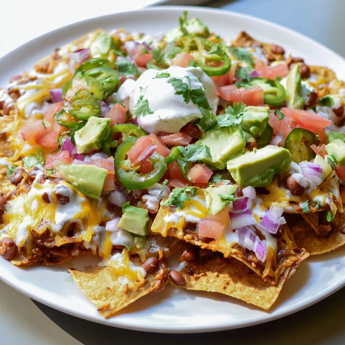 Crispy tortilla chips layered with baked bean nachos topped with sour cream jalapeños and lime wedges