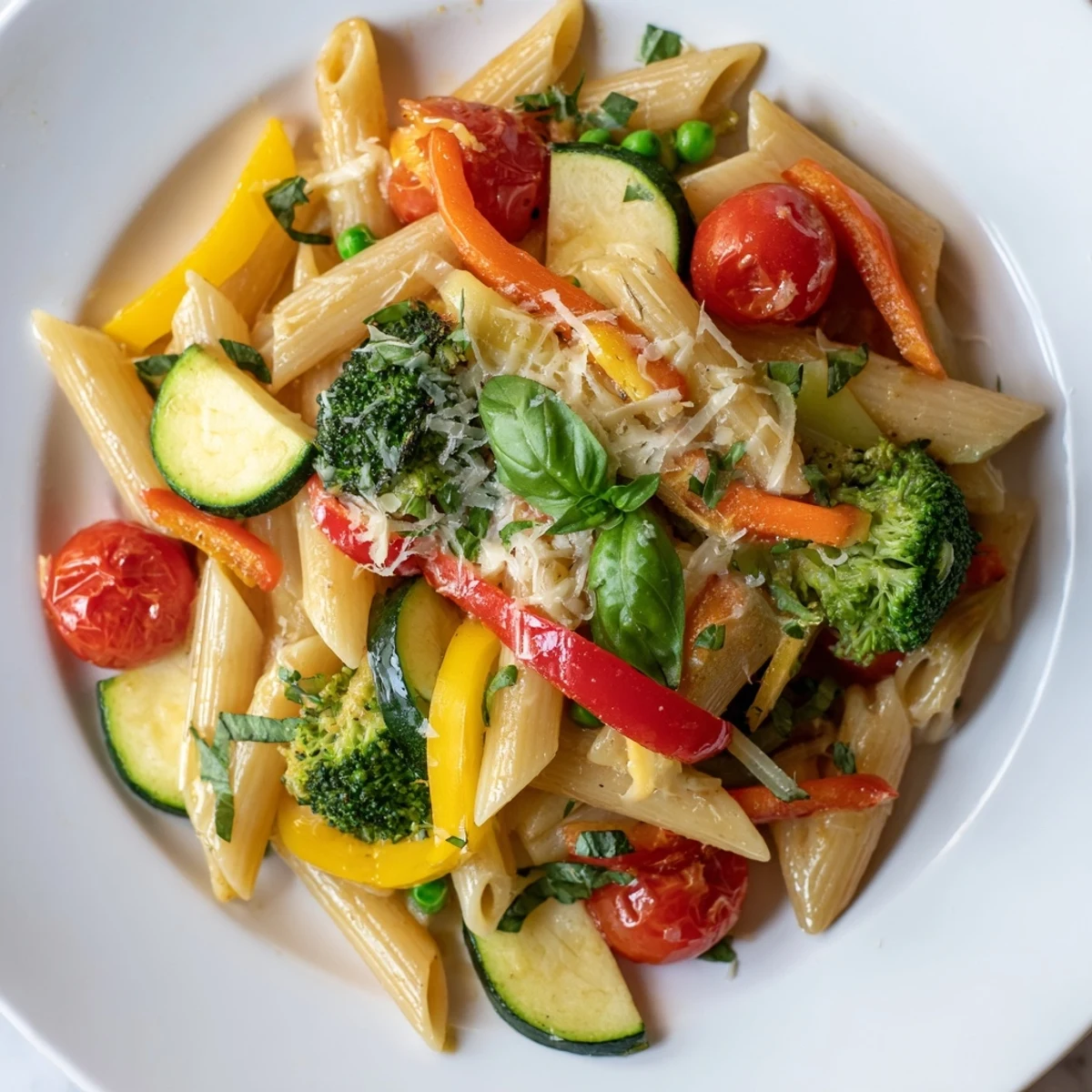 Colorful pasta primavera bowl featuring crisp bell peppers, zucchini, and cherry tomatoes in light lemon sauce
