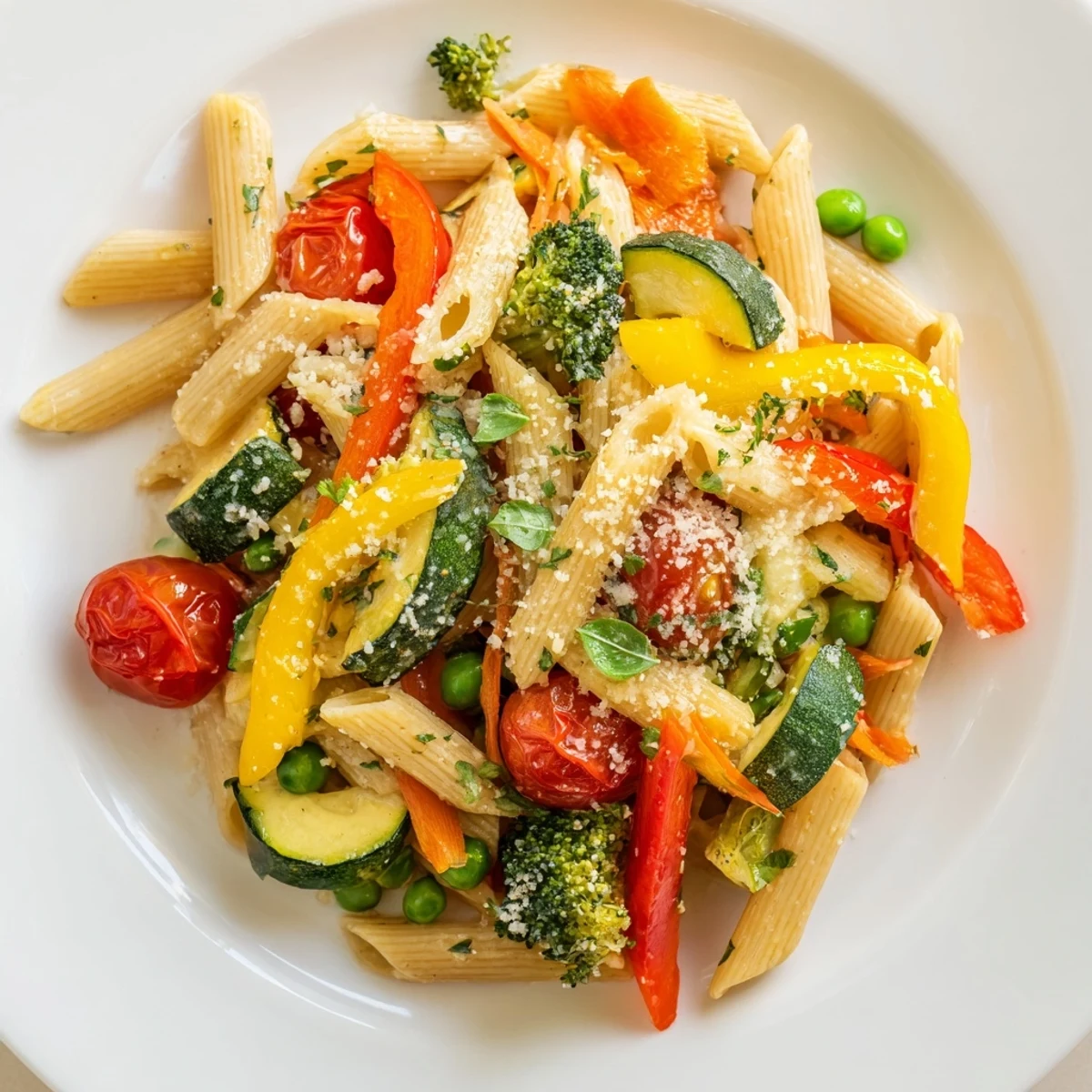 Vibrant pasta primavera tossed with fresh spring vegetables and grated Parmesan in a rustic white serving dish