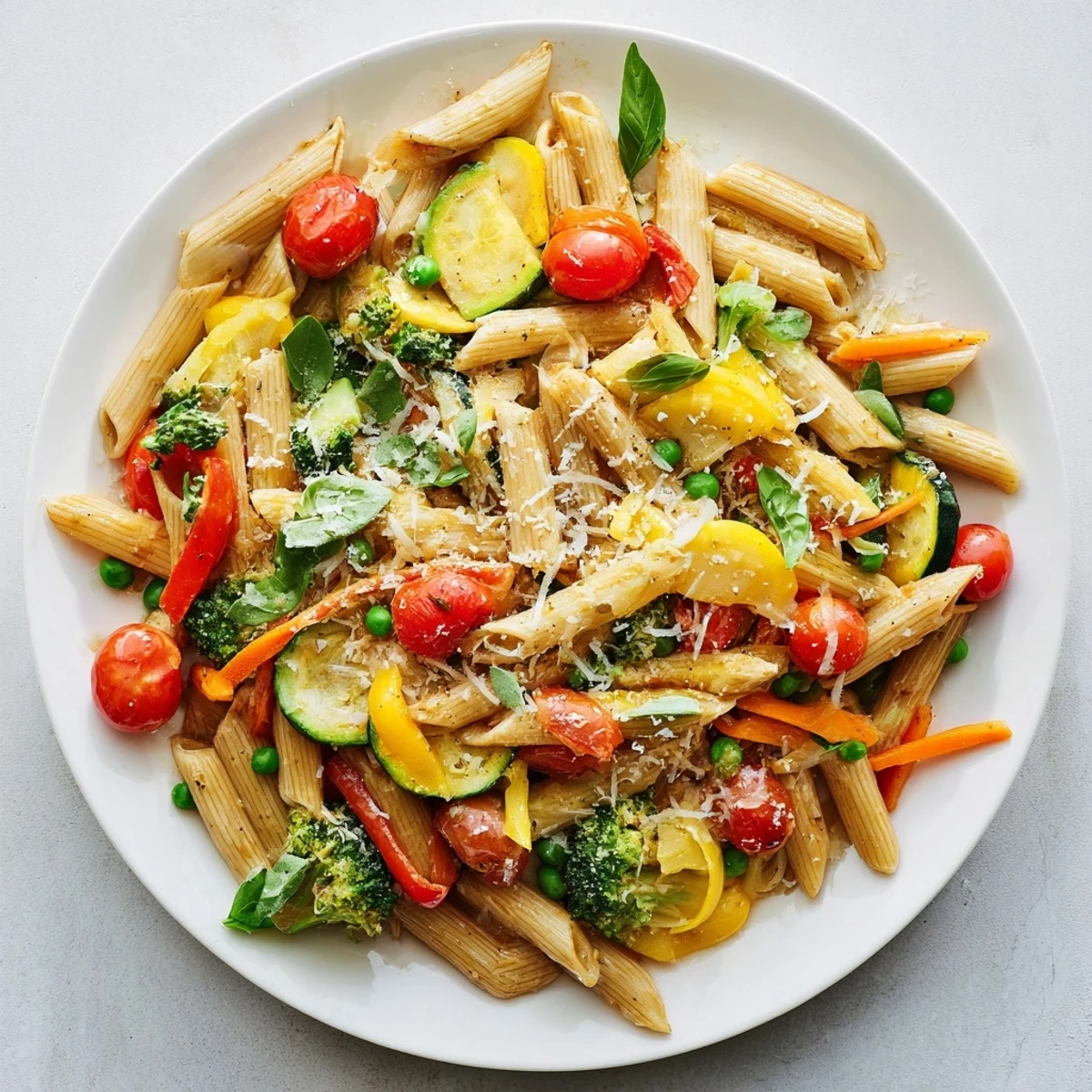 Garden-fresh pasta primavera with al dente penne, broccoli florets, and tender squash garnished with fragrant basil leaves