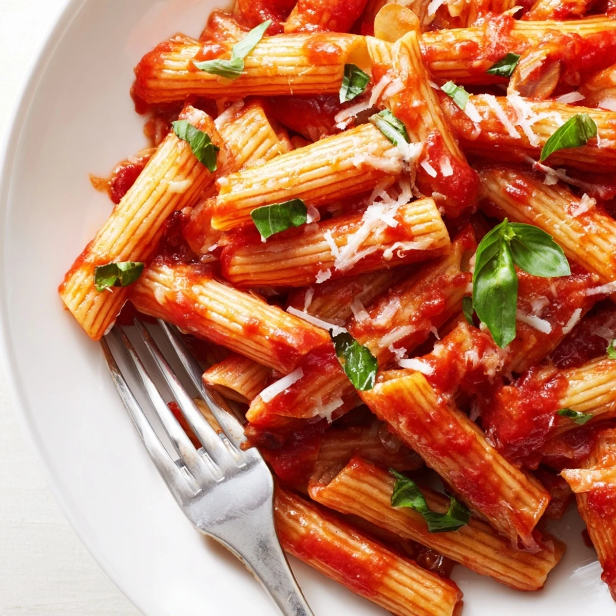 Golden penne pasta tossed in vibrant garlicky tomato sauce with fresh basil garnish