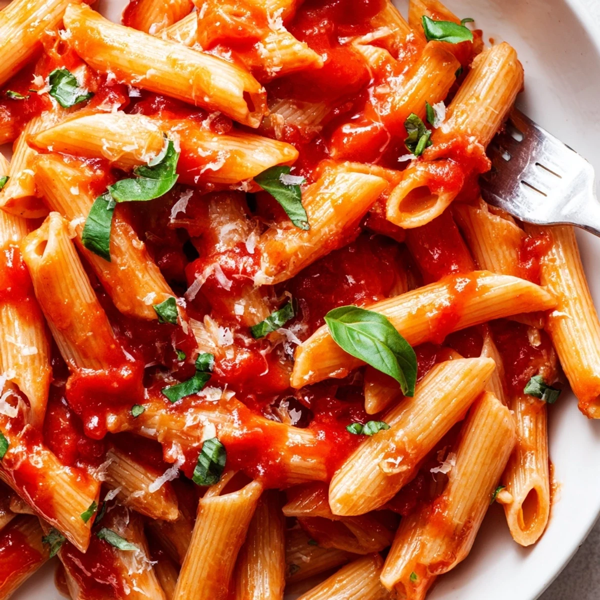 Steaming bowl of quick 20 minute penne pasta coated in rich red tomato sauce