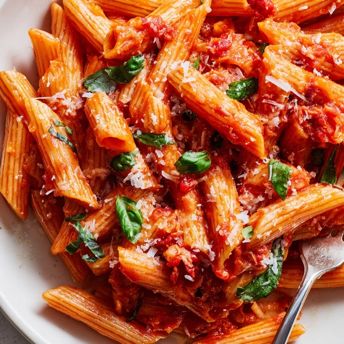 Al dente penne pasta swimming in savory tomato basil sauce with grated Parmesan cheese