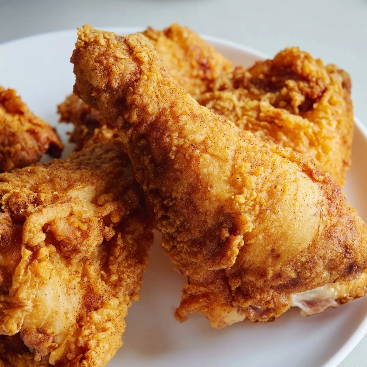 Plate of homemade crispy Southern fried chicken featuring tender meat inside a deep fried seasoned shell