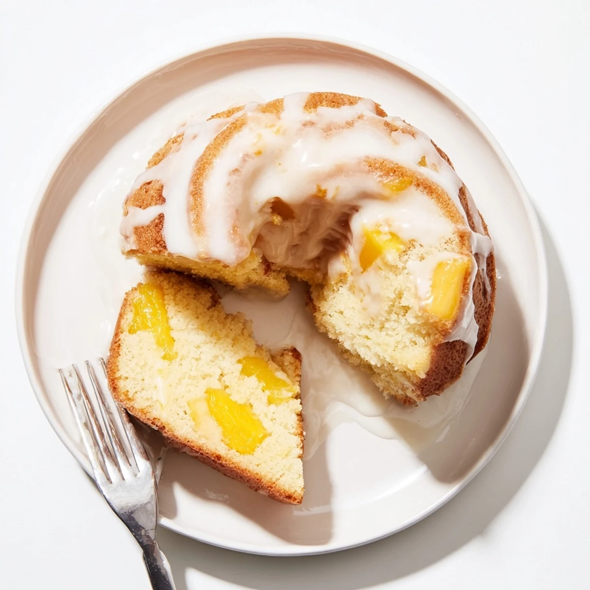 Buttery pound cake studded with spiced peaches topped with sweet white icing glaze