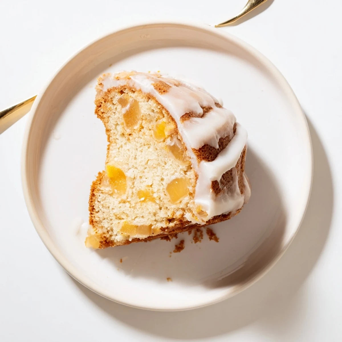 Golden peach cobbler pound cake drizzled with vanilla glaze and fresh peach slices