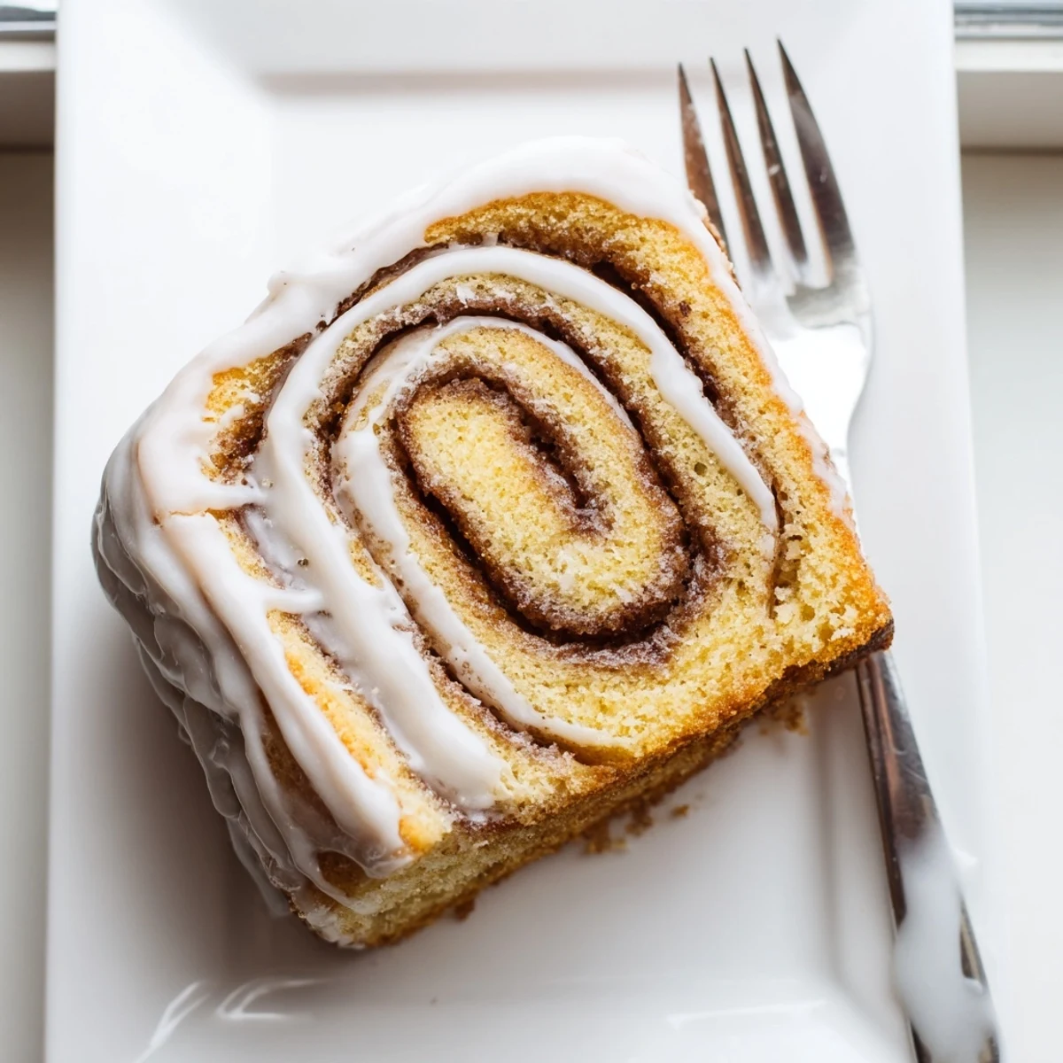 Golden swirled cinnamon roll cake drizzled with white vanilla glaze on a serving plate