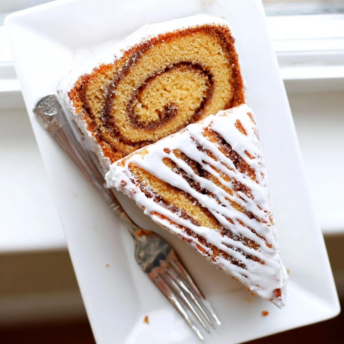 Soft baked cinnamon roll cake slice showing warm spice swirls under creamy topping