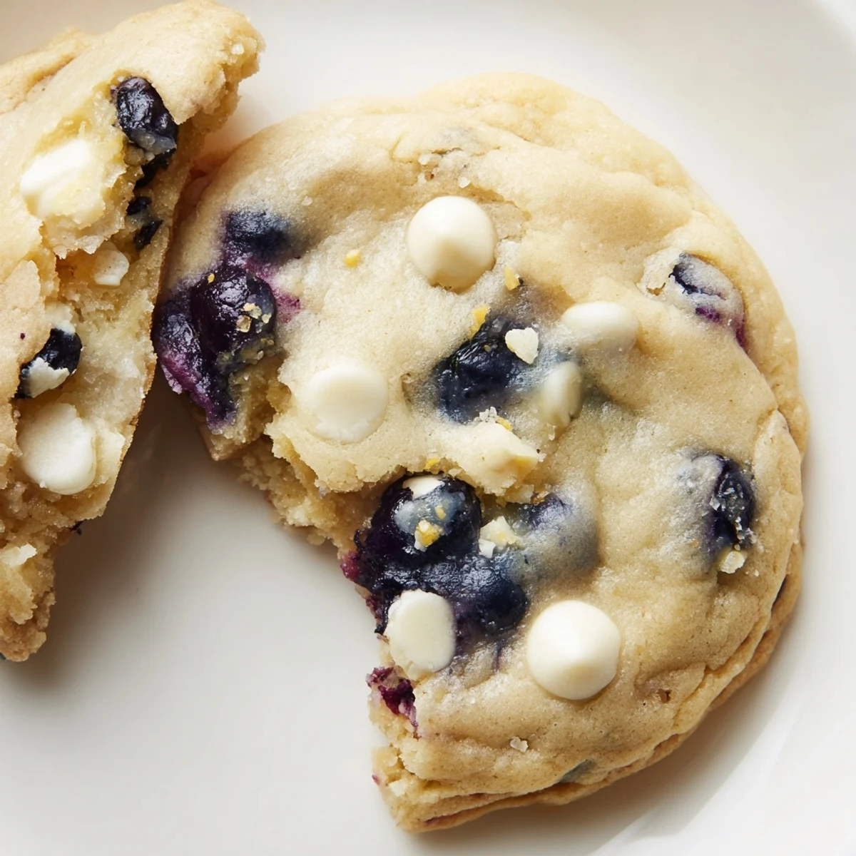 Golden chewy lemon blueberry cookies with juicy blueberries and white chocolate chips on a white plate