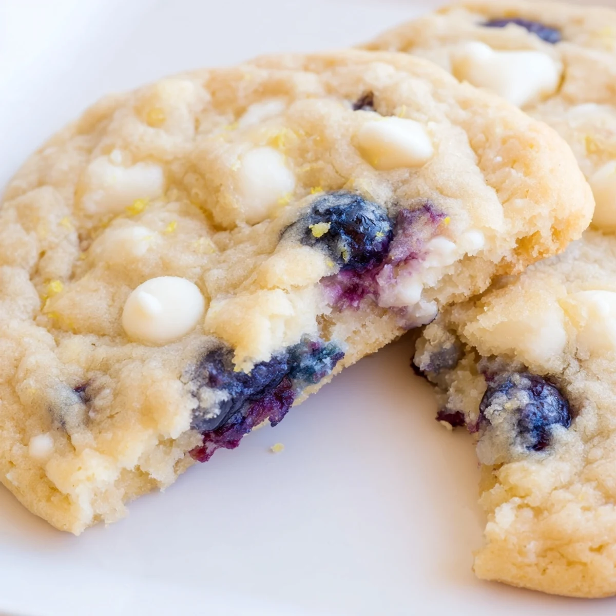 Soft lemon blueberry cookies studded with fresh berries and zesty lemon glaze on a baking sheet