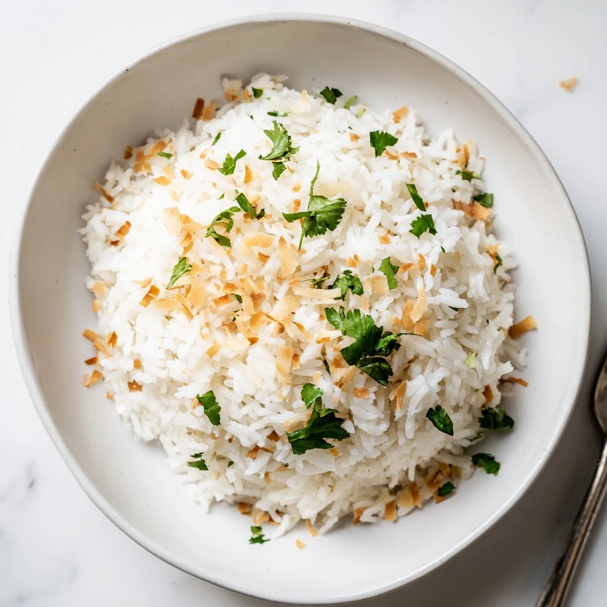 Steaming plate of fluffy coconut rice paired with fragrant curry and grilled tropical meats
