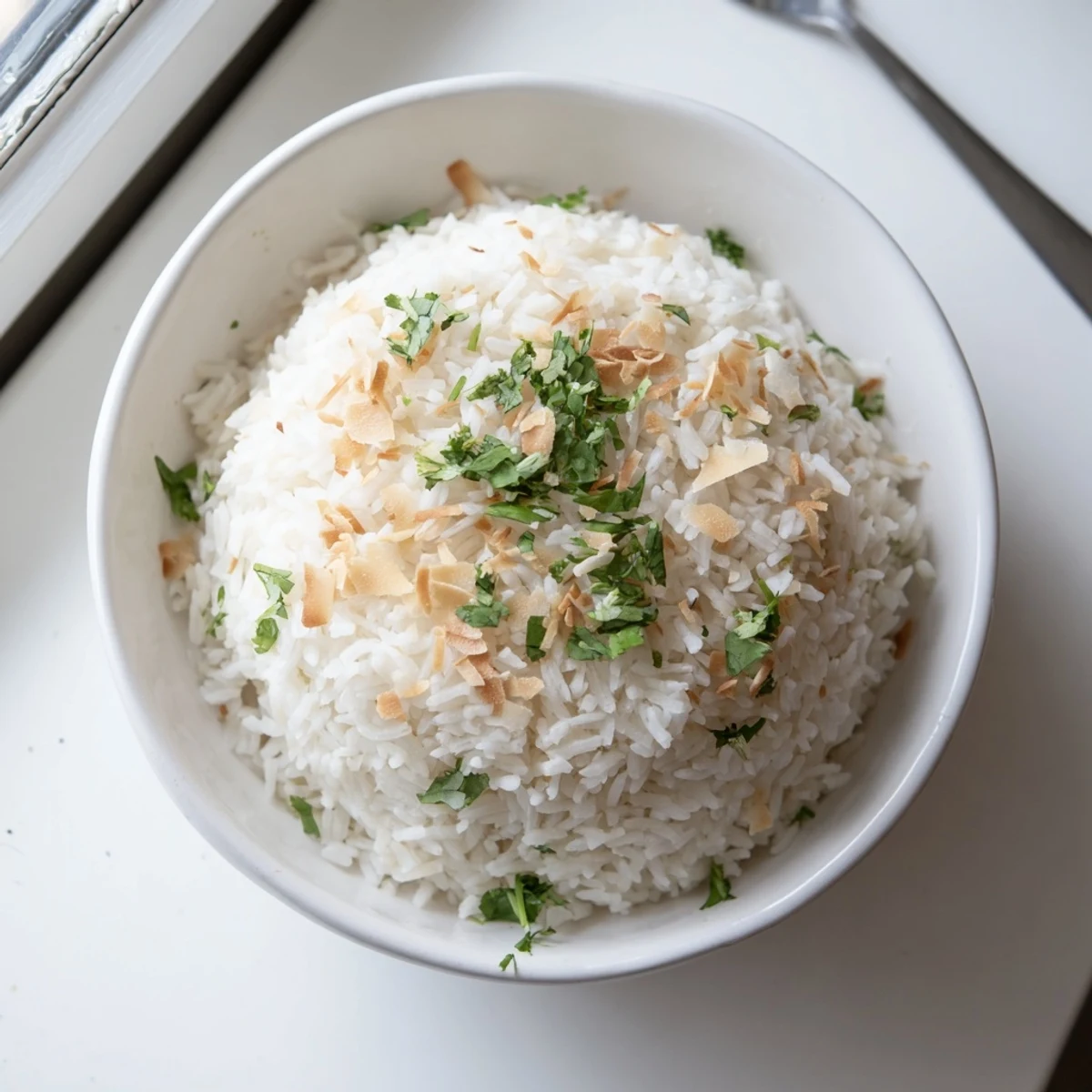 Fluffy coconut rice garnished with toasted coconut flakes and fresh cilantro in a serving bowl