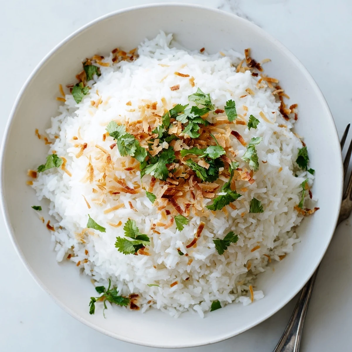 Close-up of creamy fluffy coconut rice with tender grains and white coconut texture