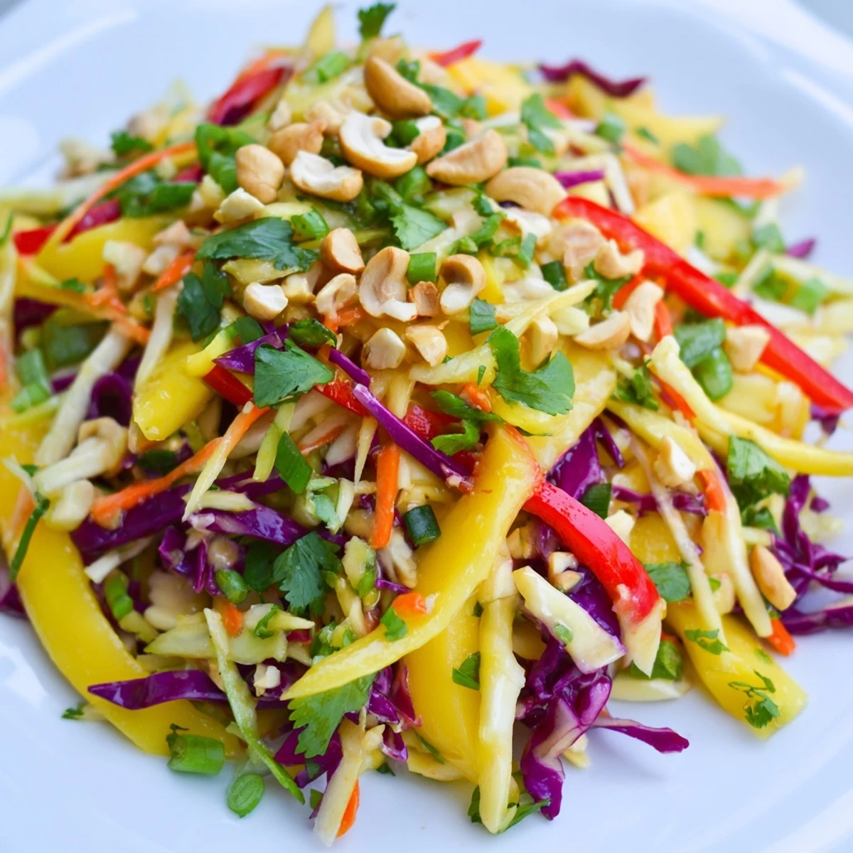 Colorful mango slaw bowl with crisp cabbage, carrots, and bell pepper tossed in tangy lime dressing