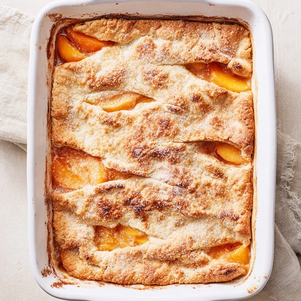 Golden brown classic peach cobbler with flaky crust bubbling with sweet spiced fruit filling