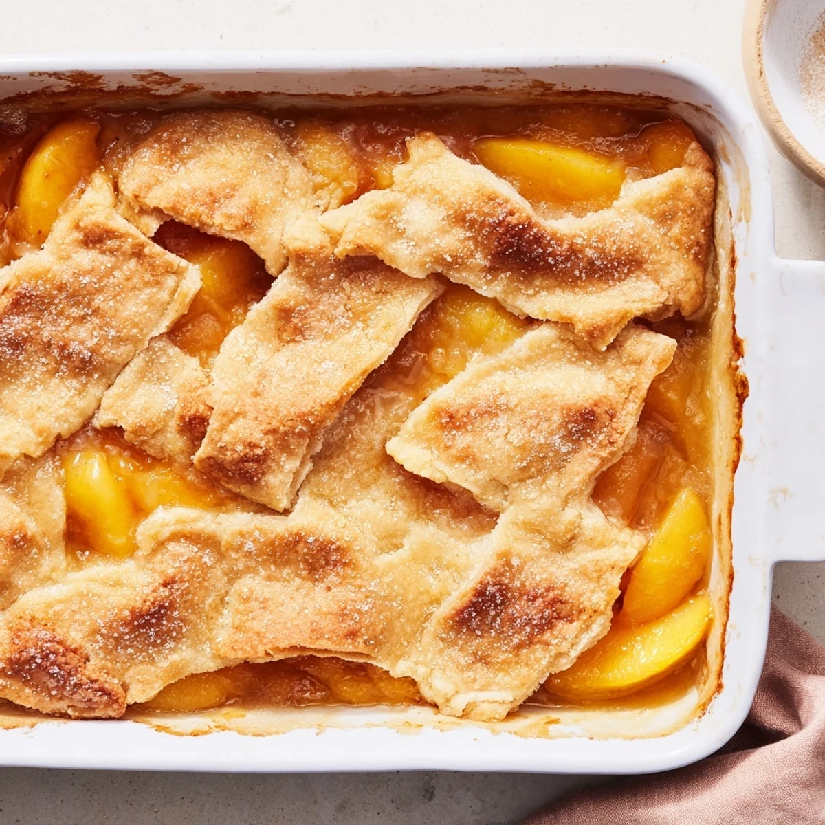 Homemade classic peach cobbler served warm with scoops of vanilla ice cream on top