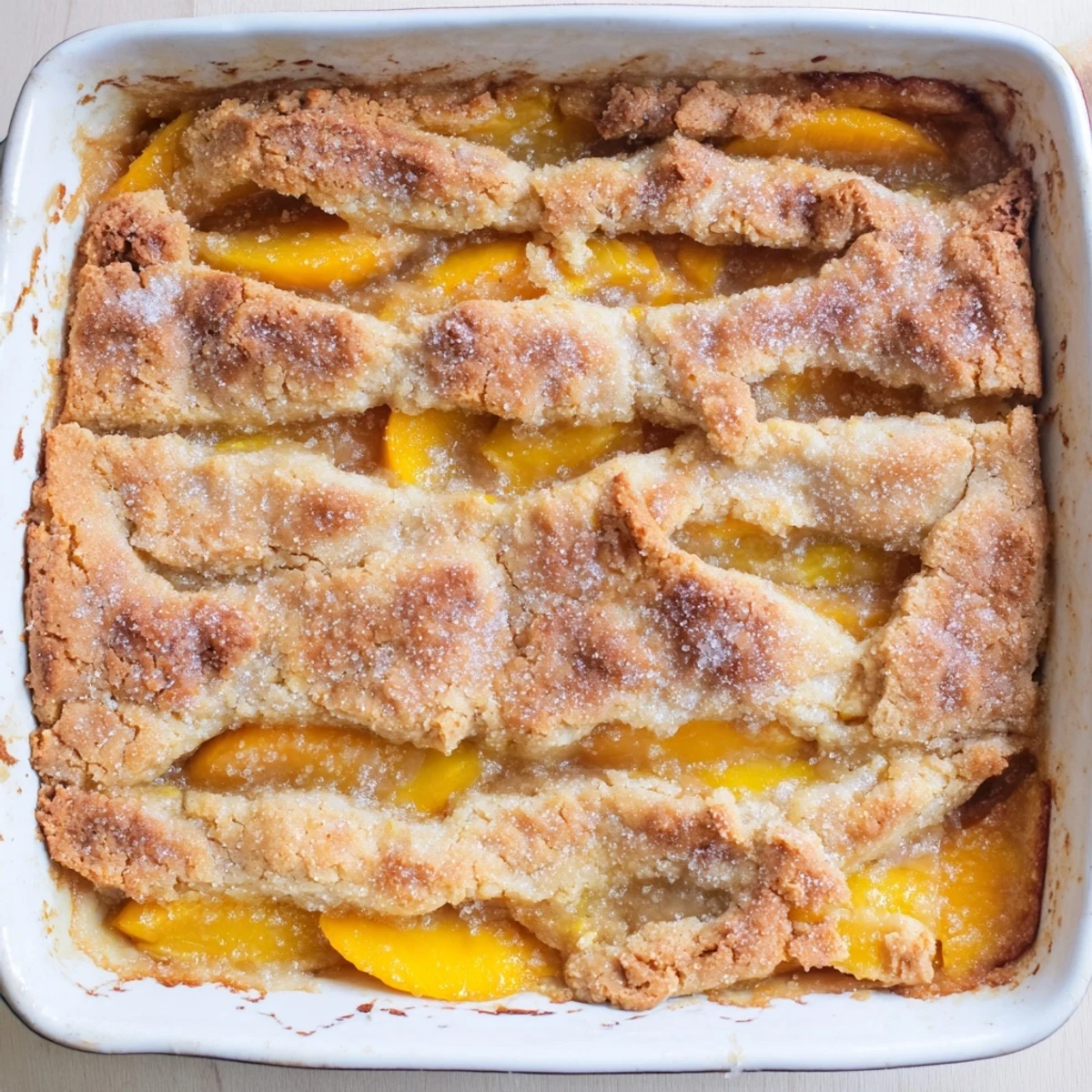 Baked classic peach cobbler featuring tender sliced peaches beneath a buttery golden pastry crust