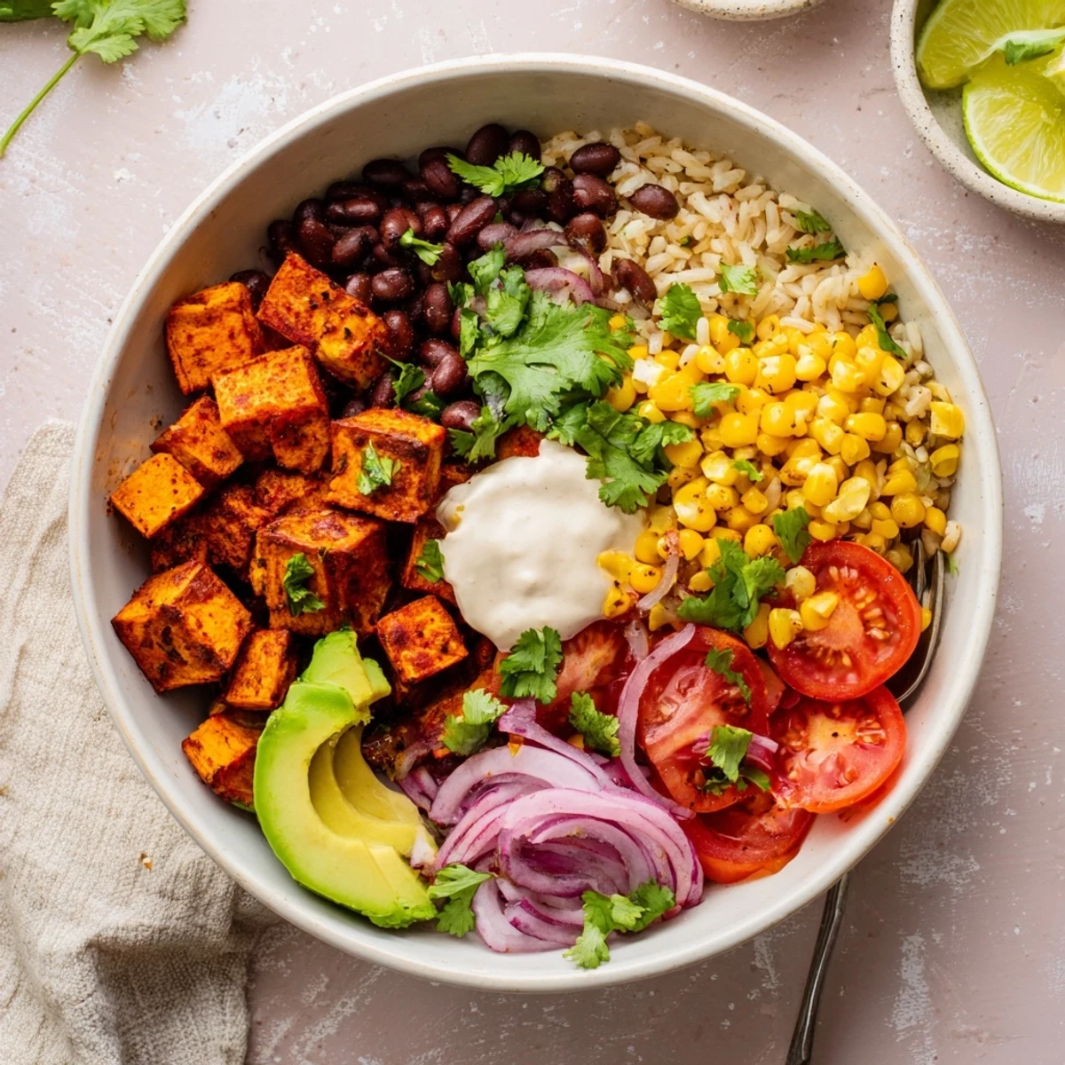 Colorful vegan sweet potato burrito bowl topped with avocado, black beans, and fresh cilantro
