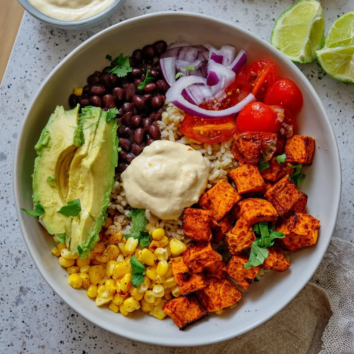 Roasted sweet potato burrito bowl served in layers with zesty lime rice and vibrant vegetables