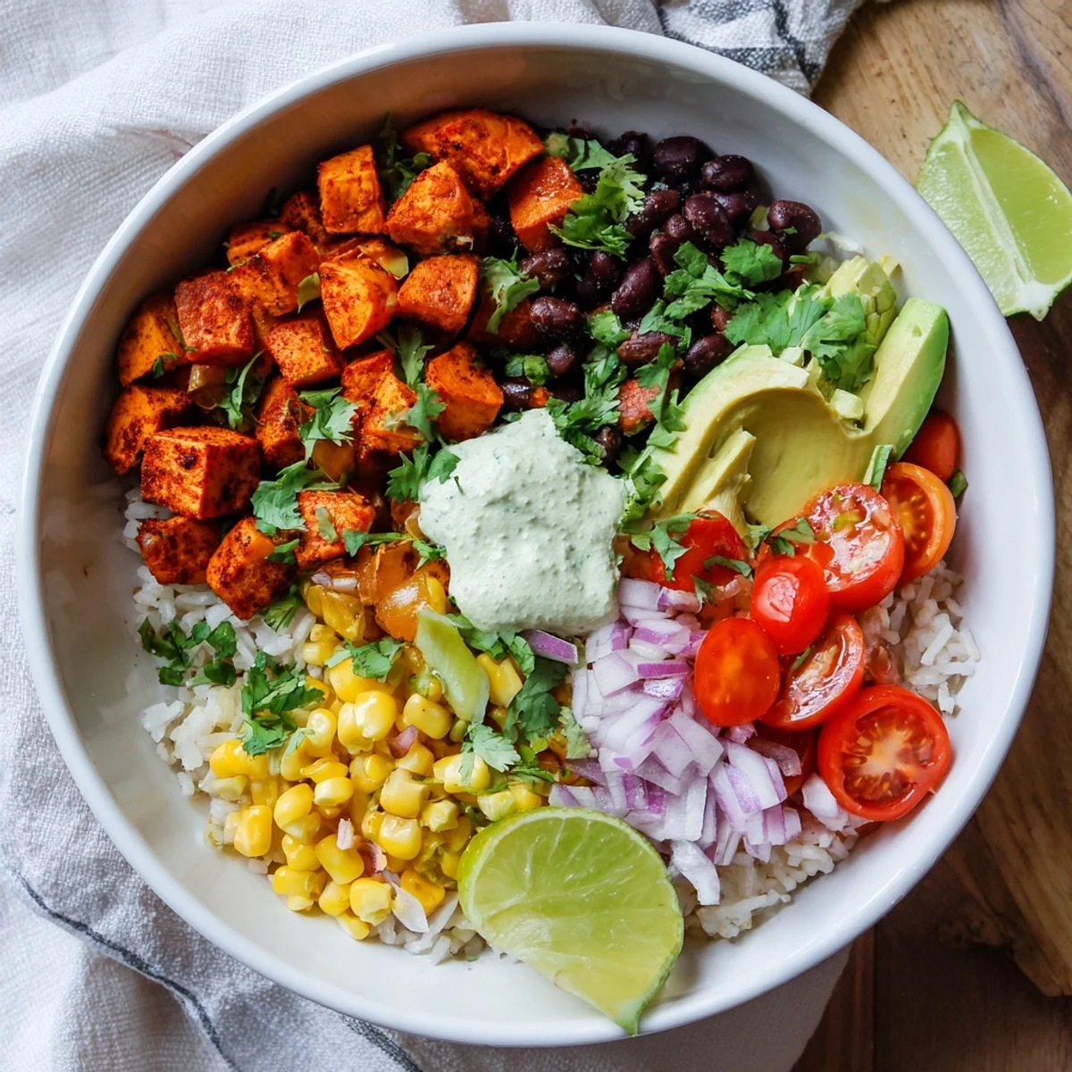 Hearty vegan sweet potato burrito bowl featuring crisp corn, tomatoes, and creamy avocado slices