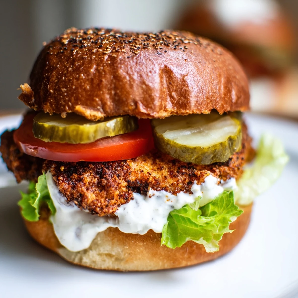Golden brown Cajun crispy chicken sandwich topped with garlic aioli on toasted brioche bun