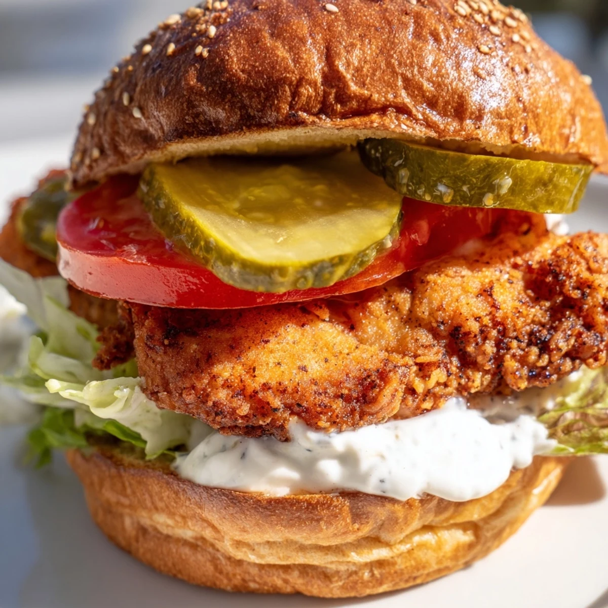 Spicy fried Cajun chicken sandwich with crisp lettuce tomato pickles and creamy garlic sauce